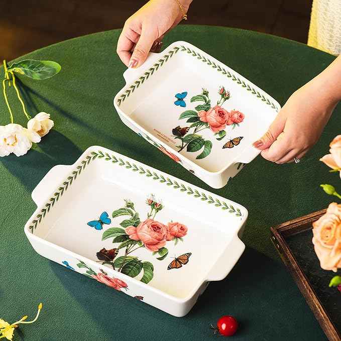 ONCCI In-Glaze Ceramic Baking Dish Set of 2 - Rectangular with Handles,Casserole dishes 10.8 * 7.99in & 8.58 * 6.54inch Sizes - Oven Safe for Cooking, Baking, Casseroles - Dishwasher Safe(Pink Rose)