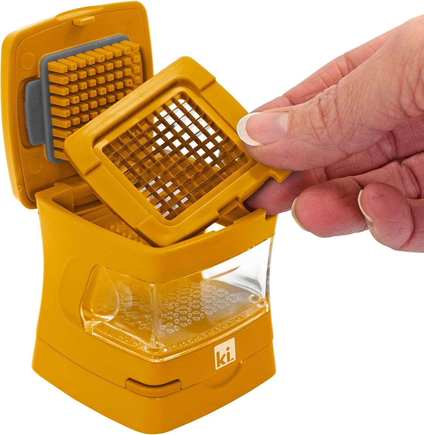Garlic-A-Peel Garlic Press, Crusher, Cutter, Mincer, and Storage Container - Includes Silicone Garlic Peeler - Easy to Clean - Stainless Steel Blades – (Honey), standard - HomeSpice