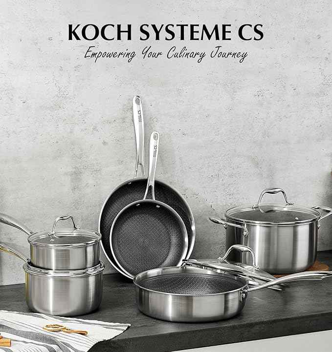 KOCH SYSTEME CS Triply Stainless Steel Cookware Set 10PCS, Nonstick Hybrid Pots and Pans Set, Nontoxic Kitchen Cookware Set with Honeycomb Interior, Pots and Pans Set Non Stick, Induction Compatible