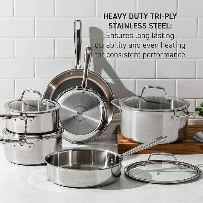 T-Fal Pro Tri-Ply Stainless Steel Saute Pan with Lid, 3 Quart, Induction Pot, Oven Safe 500F, Lid 350F, Deep Frying Pan, Fast & Even Heat, Professional Quality, Durable, Silver
