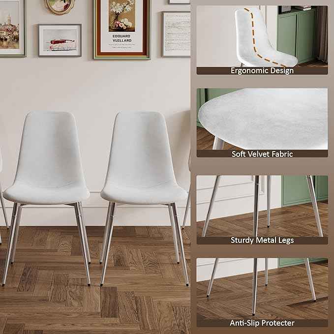 AF ARTISAN FURNITURE 36" Round Glass Dining Table Set for 4, 5-Piece Modern Kitchen Table with 4 White Velvet Chairs, Modern Circle Leisure Table for Home Office Dining Room Small Spaces (Silver Leg)