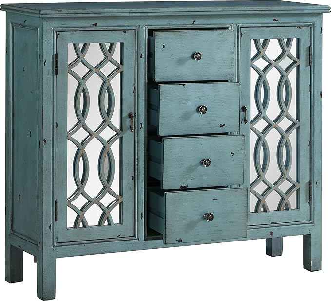 Coaster Home Furnishings - Rue - 4-Drawer Wood Accent Cabinet with Farmhouse Style, Trellis Pattern, Doors & Shelves - Living Room, Entryway & Home Kitchen - Blue - 950736