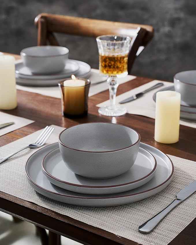 Famiware Mercury Plates and Bowls Sets, 12 Pieces Stoneware Dinnerware Sets, Dishes Set for 4, Microwave and Dishwasher Safe, Light Grey