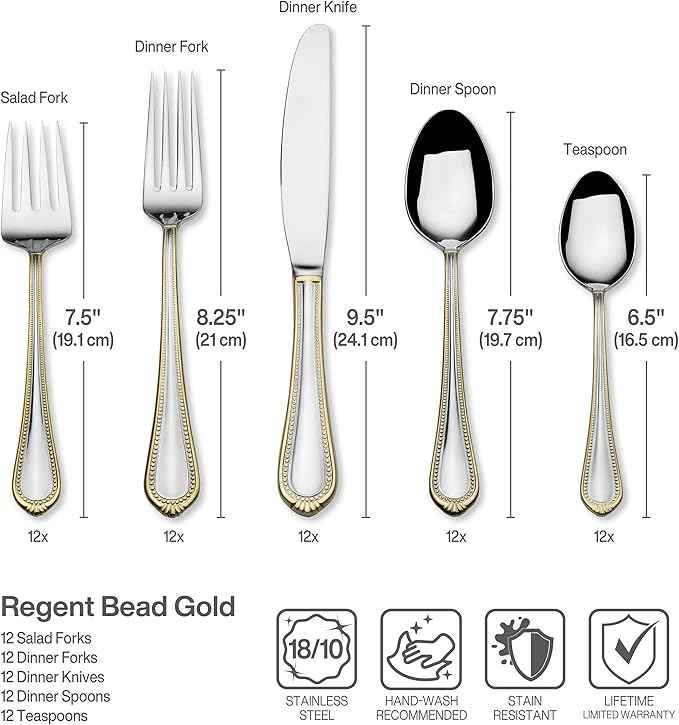 Mikasa, Gold Accent Regent Bead Flatware Service for 12, 65 Piece Set, 18/10 Stainless Steel, Silverware Set with Serving Utensils
