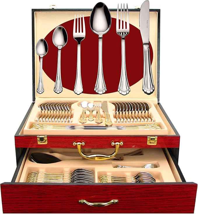 75-Pc Luxury Flatware Set for 12 w/Wooden Storage Case Premium Dining Cutlery Service - 18/10 Surgical Stainless Steel Silverware Hostess Serving Set in a Chest