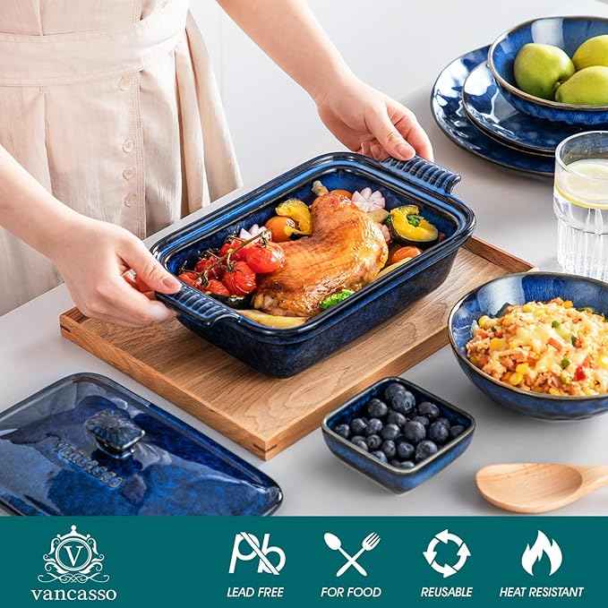vancasso Starry Casserole Dish With Lid, 1.9 Quart Casserole Dish for Oven, 12x7 Baking Pan with Handles, Casserole Baking Dish Lasagna Pan with Lid, Microwave, Dishwasher Safe, Blue