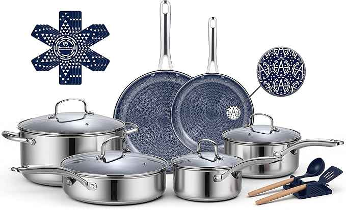 Ammeloo Hybrid Stainless Steel Cookware Set, 17-Piece Tri-Ply Pots and Pans Set Non Stick, Induction Kitchen Cookware Sets, Dishwasher & Oven Safe, PFOA Free, All Cooktops Compatible, Navy Blue