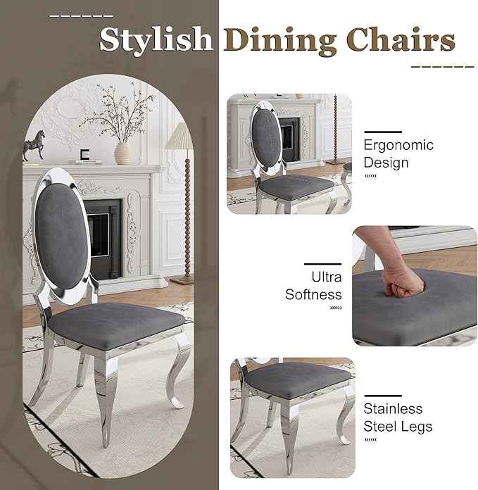 Modern Dining Chairs Set of 4, Luxury Velvet Upholstered Armless Dining Room Chair with Mirrored Stainless Steel Silver Legs, Mid Century Accent for Wedding Party Banquet Reception, Grey