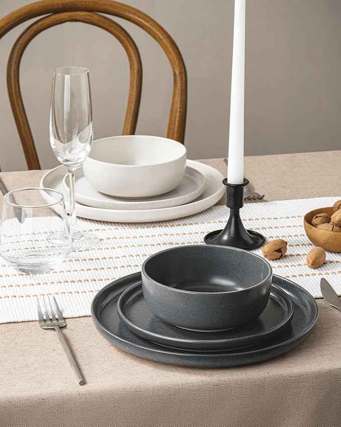 Famiware Milkyway Plates and Bowls Sets, 12 Pieces Dinnerware Sets, Reactive Glaze Dish Set, Stoneware Dishes Set for 4, Matte Beige White & Matte Dark Charcoal