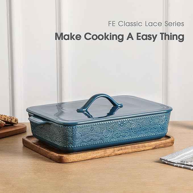 Casserole Dish with Lid, Ceramic 9x13 Casserole Dish for Oven, Rectangular Bakeware, Large Baking Dish with Handles for Holiday Cooking, Roasting, Baking, Oven & Microwave Safe (Blue)