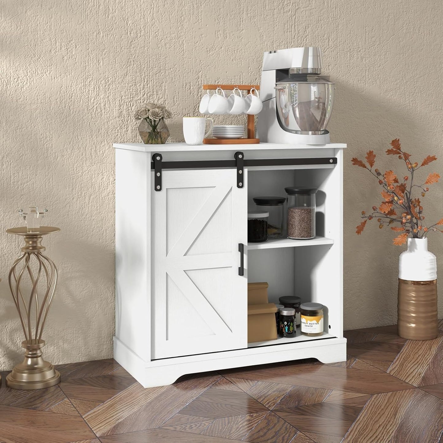Panana Sliding Barn Door Buffet Sideboard Storage Cabinet Coffee Bar Kitchen Farmhouse Style (White)