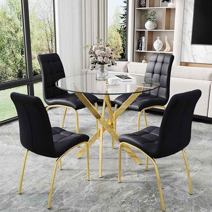 5 Piece Round Glass Dining Table Set, Round Tempered Glass Kitchen Table Set for 4, Modern Table Set with 4 High-Back Upholstered Chairs for Kitchen Dining Room (Gold Legs, 4 Black Chairs)