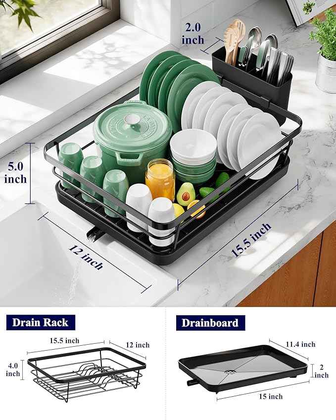Kitsure Dish Drying Rack for Kitchen Counter, Stainless Steel Sink Organization and Storage Essentials with Cutlery Holder, Home and Appartment Decor, 12''W x 15.5''L, Black