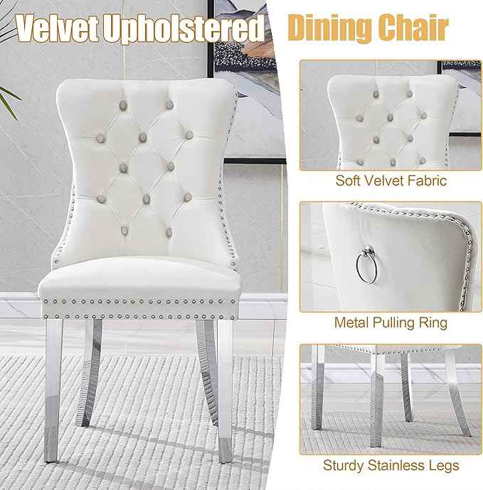 63" Glass Dining Table Set for 6, 7-Piece Rectangular Kitchen Table with Tempered Glass Top, White Double O-Shaped MDF Base, and 6 White Velvet Upholstered Chairs for Dining Room, Living Room, Office