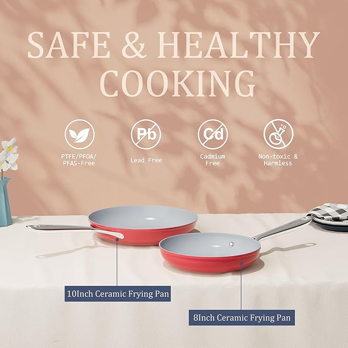 CookinCraze Ceramic Cookware Set, Pots and Pans Set Nonstick with Lid PFAS & PFOA Free, Induction Compatible Oven Safe Up to 500°F Even Heat Distribution, Coral Red