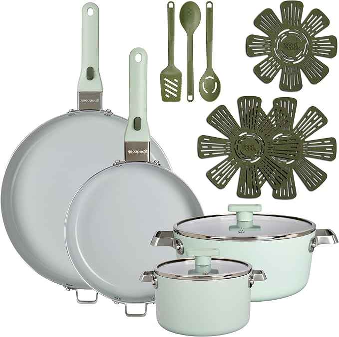 GoodCook Ceramic Cookware Set 14-Piece with Removable Handles, Nonstick Pots & Pans, Induction & Oven Safe, Sage Green