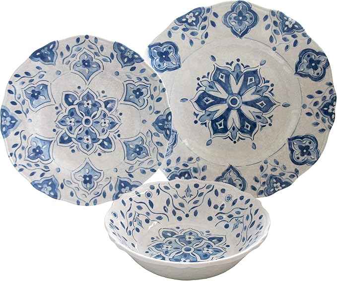 Le Cadeaux 18 Piece Luxury Melamine Dinnerware Set, Service for 6 (Moroccan Blue)