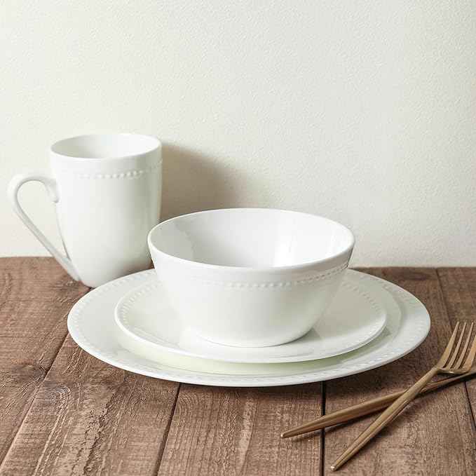 Stone lain Bone China Pinpoint Embossed 32 Piece Dinnerware Set, White