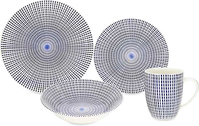 TUDOR ROYAL Porcelain 16-Piece Round Dinnerware Set, Service for 4, Singapore Blue Design, Blue Radial, Plates Bowls Mugs Dishes, Premium Quality Ceramic Tableware, Unique Pattern, Glossy