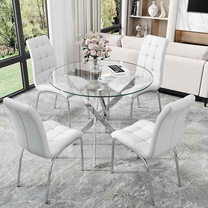 5 Piece Round Glass Dining Table Set, Round Tempered Glass Kitchen Table Set for 4, Modern Table Set with 4 High-Back Upholstered Chairs for Kitchen Dining Room (Silver Legs, 4 White Chairs)