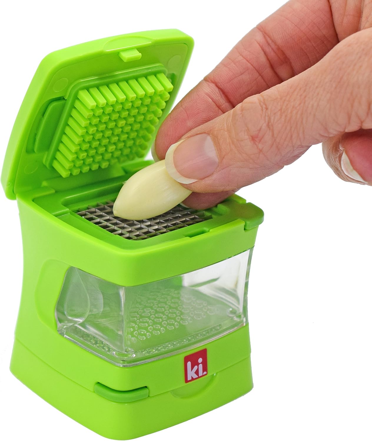 Garlic-A-Peel Garlic Press, Crusher, Cutter, Mincer, and Storage Container - Includes Silicone Garlic Peeler - Easy to Clean - Stainless Steel Blades – (Green), standard - HomeSpice