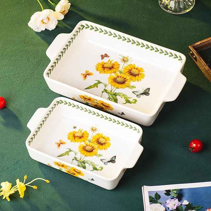 ONCCI In-Glaze Ceramic Baking Dish Set of 2 - Rectangular with Handles,Single Serving Size Casserole dishes 10.8*7.99in & 8.58*6.54inch Sizes - Oven Safe for Cooking, Baking, Casseroles - Dishwasher Safe(Sunflower)