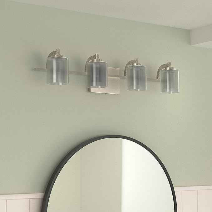 Quoizel Kolt Modern Vanity Lights, 4-Light, 29 Inch Brushed Nickel Bathroom Lighting Fixtures Over Mirror, Sandblasted Inner Glass, 50 W LED Bulb, Wall Mount Light for Bathrooms, Kitchen or Hallway