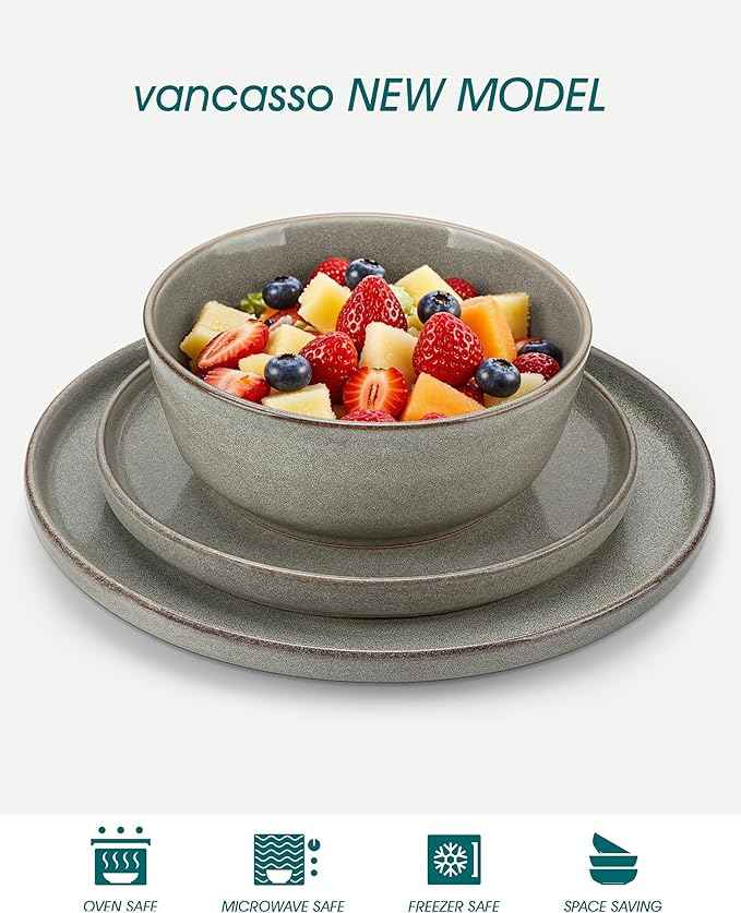 vancasso ANYA 18 Pieces Plates and Bowls Set, Stone Grey Dinnerware Sets, Reactive Glaze Dishes Set for 6, Ceramic Dishware Sets Kitchen Dinner Set, Microwave & Dishwasher Safe