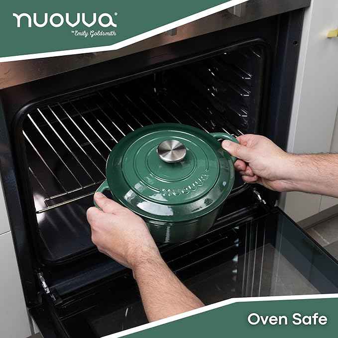 Cast Iron Dutch Oven with Lid – Non-Stick Ovenproof Enamelled Casserole Pot – Sturdy Dutch Oven Cookware – Dark Green, 5-Quart, 24cm – by Nuovva