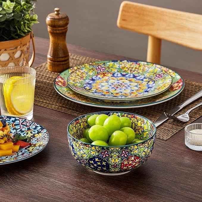 vancasso 18 Pieces Dinnerware Sets, Plates and Bowls Set, Porcelain Dishes Set for 6, Microwave and Dishwasher Safe, Scratch Resistant, Bohemian Style Dining Ware Service for 6, Series SIMI