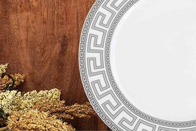 Dinnerware Set for 8-49 Piece Vintage Porcelain Dish Set - White and Silver Greek Key Design - Luxurious Tableware - For Everyday Use or Formal Occasions (Meander Silver 2049)