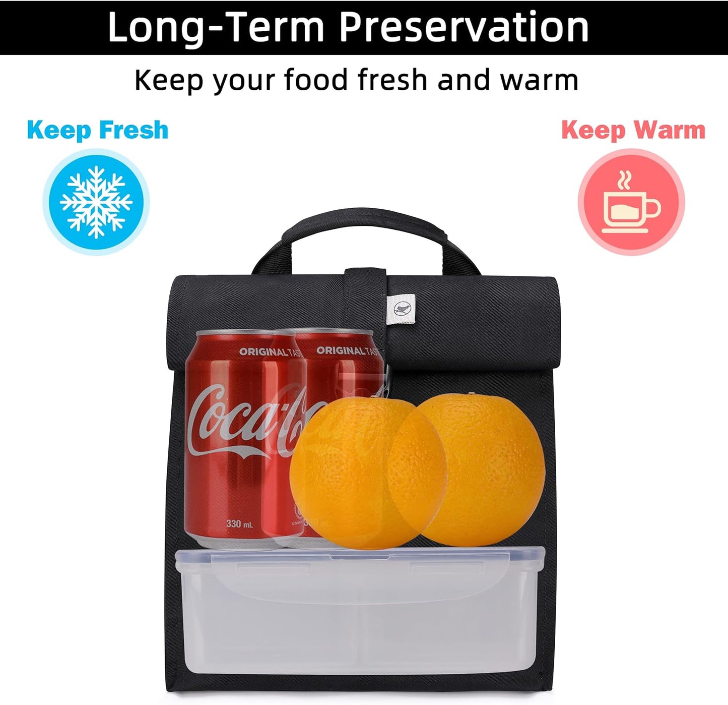 SUNNY BIRD Insulated Lunch Bag Rolltop Lunch Box for Women, Men, Adults and Teens (Black)