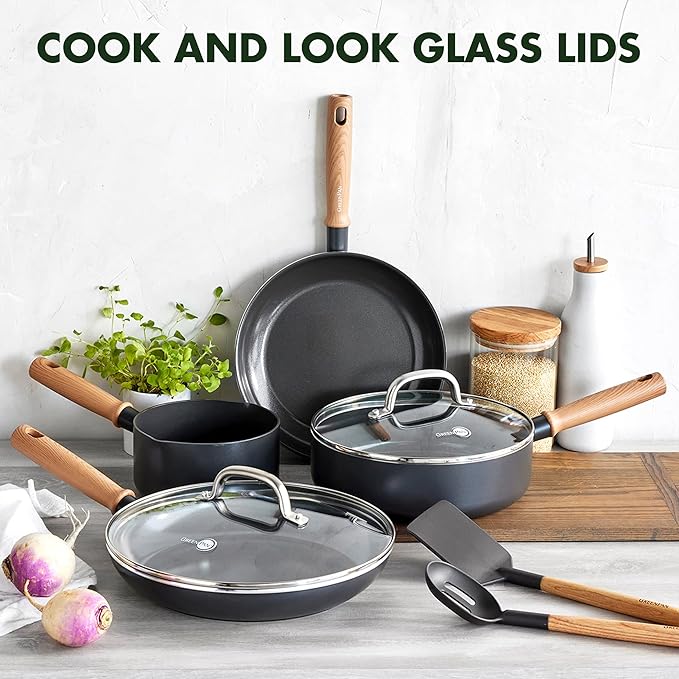 GreenPan Hudson Healthy Ceramic Nonstick, 8 Piece Cookware Pots and Pans Set, Vintage Wood Inspired Handle, PFAS-Free, Dishwasher Safe, Black