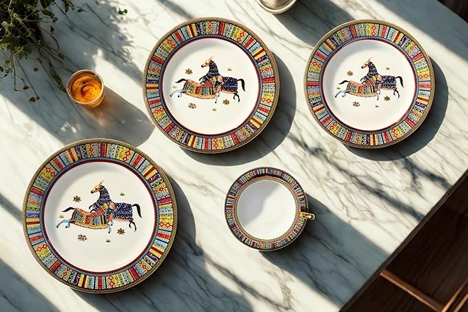 Porcelain Dinnerware Set for 4-20 Piece Luxury Greek Horse Cheval Banquet Dinner Set - Elegant Design - Plates and Cups with Saucers - Dining Set for Everyday Use or Formal Occasions