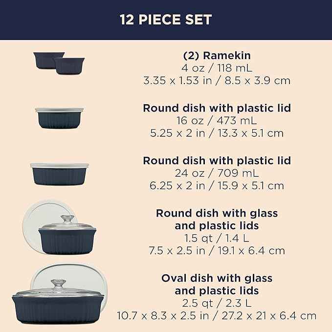 CorningWare Ceramic Bakeware Set with Lids, Chip and Crack Resistant Stoneware Baking Dish, Microwave, Dishwasher, Oven, Freezer and Fridge Safe, 12-Piece French Navy