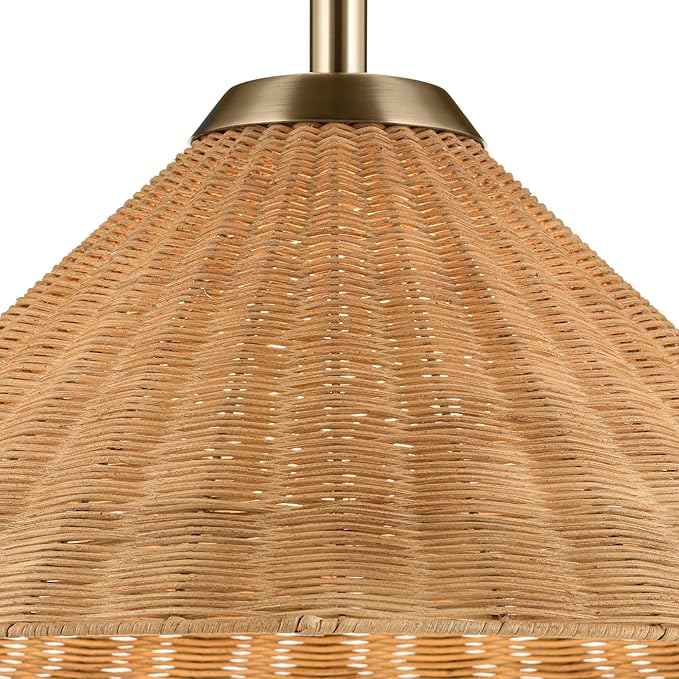 KICHLER Bekah 1-Light Convertible Pendant, Boho Light with Opal Glass and Handwoven Rattan Shade in Champagne Bronze, Sloped Ceiling Compatible, for Dining or Living Room (11.75" x 24.25"), 52730CPZ