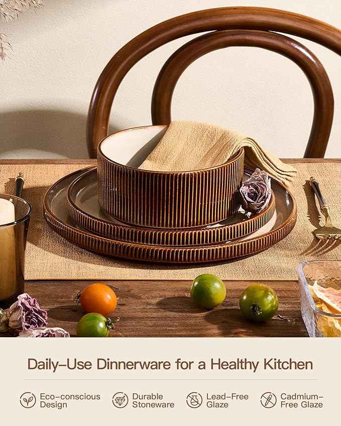 Stoneware Dinnerware Sets, Handcrafted Double Reactive Glaze Plates and Bowls for Everyday & Formal Dining, Microwave & Dishwasher Safe, Scratch Resistant Dishes Service for 4 (12-Piece), Cream Cocoa