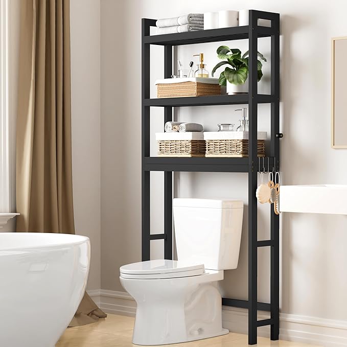 Smiry Over The Toilet Storage Cabinet, 3-Tier Bamboo Bathroom Organizers with Adjustable Shelf & 4 Hooks, Space Saving Shelf Rack for Bathrooms, Laundry Room, Balcony, Black
