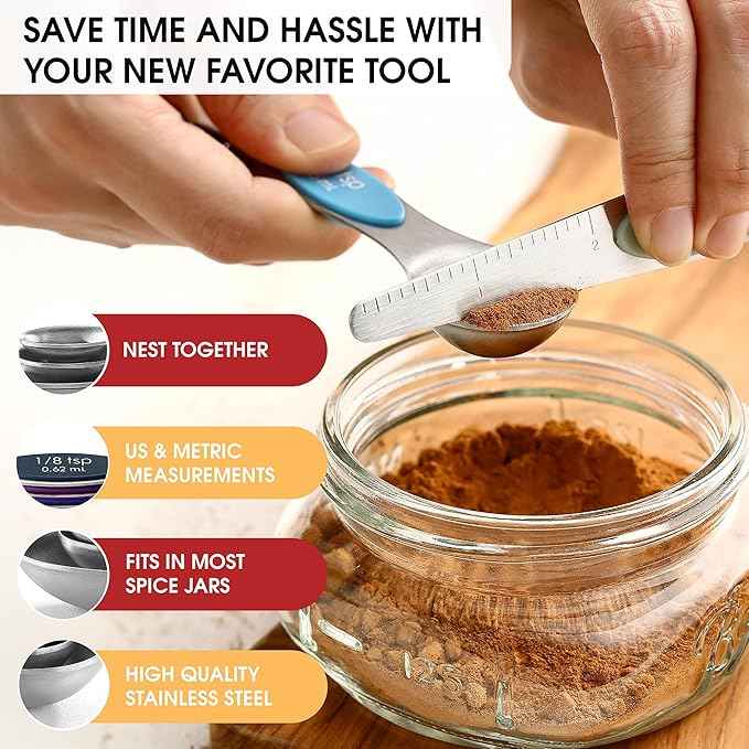 Spring Chef Stainless Steel Magnetic Measuring Spoons Set of 8 with Leveler, Dual Sided Metal Teaspoon & Tablespoon Measuring Spoons, Nesting Kitchen Gadgets for Baking & Cooking - Winter Frost