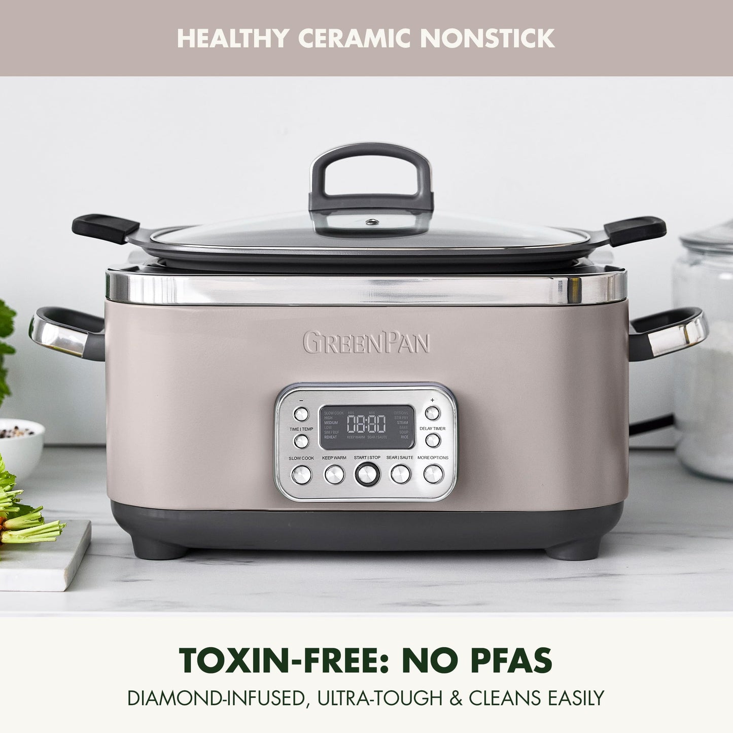 Elite 14-in-1 Programmable 6QT Electric Slow Cooker, Dishwasher Safe Lid & Removable Crock, PFAS-Free Healthy Ceramic Nonstick Multi-Cooker, Sear, Sauté, Brown, Steam Basket, Roast, Clay (6 Quarts / Clay)