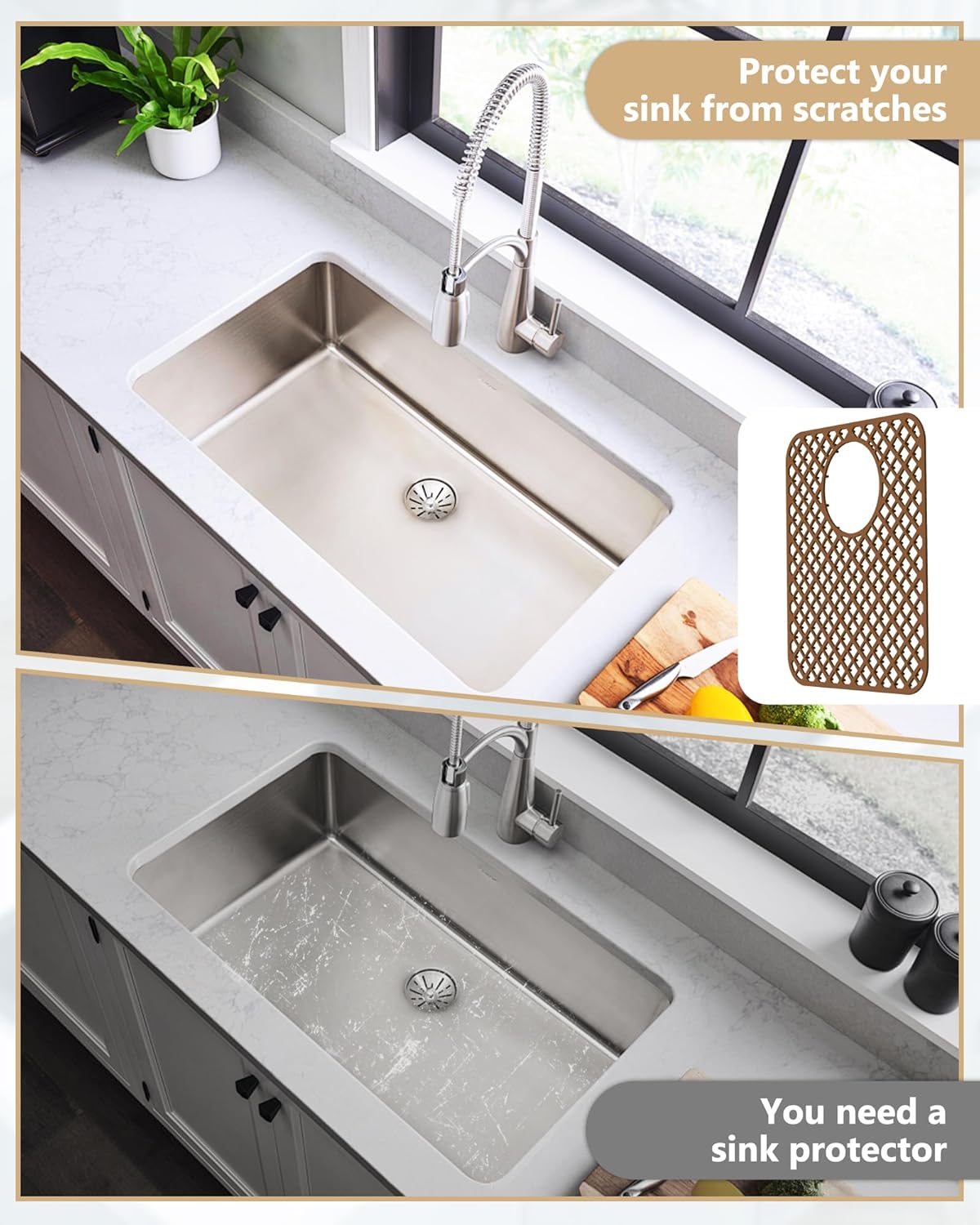 2 Pack Silicone Sink Protectors for Kitchen Sink, Lozenge Pattern 13 x 11 Inches Sink Mat, Non-Slip and Durable Sink Protector Silicone, Rear Drain, Coffee