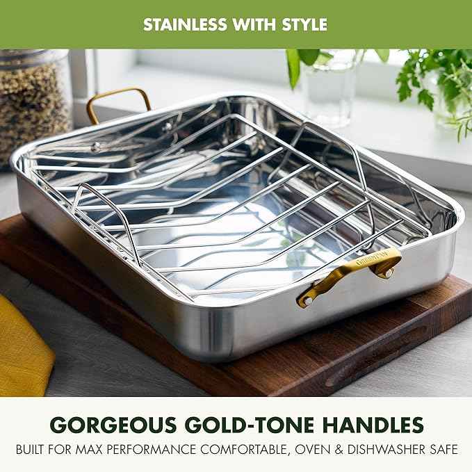 GreenPan Reserve 16" x 13" Tri-Ply Stainless Steel Roasting Pan with Roaster Rack, Multiclad Cookware, Induction Suitable, Gold Stainless Steel Handles, Dishwasher & Oven Safe, Silver