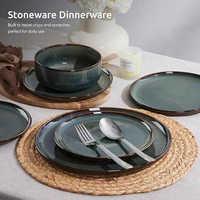 E-far 6-Piece Plates and Bowls Set, Stoneware Dinnerware Sets for 2, Ceramic Dishes Reactive Glaze Dinning Ware, Microwave & Dishwasher Safe - Obsidian Green
