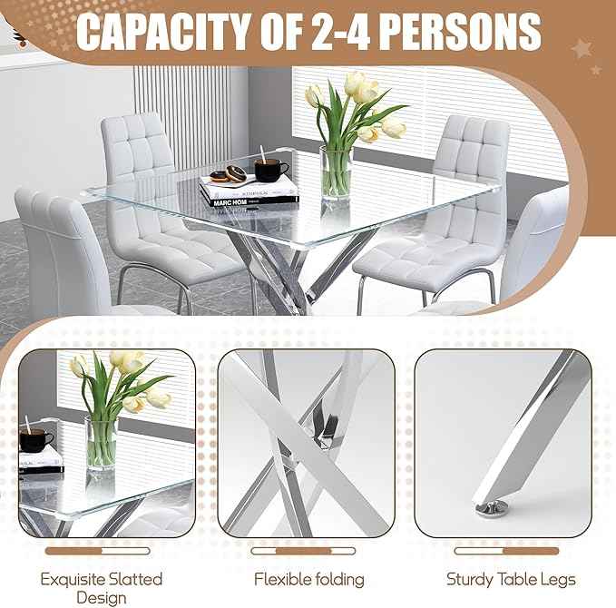 5 Piece Square Glass Dining Table Set, Round Tempered Glass Kitchen Table for 4, Modern Table with 4 High-Back Upholstered Chairs for Kitchen Dining Room (Silver Legs, 4 White Chairs)