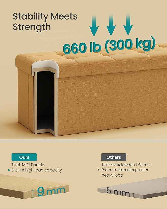 SONGMICS Mazie Collection - Storage Ottoman Bench, 43 Inches Folding Foot Rest Stool, End of Bed Bench, Easy Assembly, for Living Room, Bedroom, Entryway, Ginger ULSF077K04