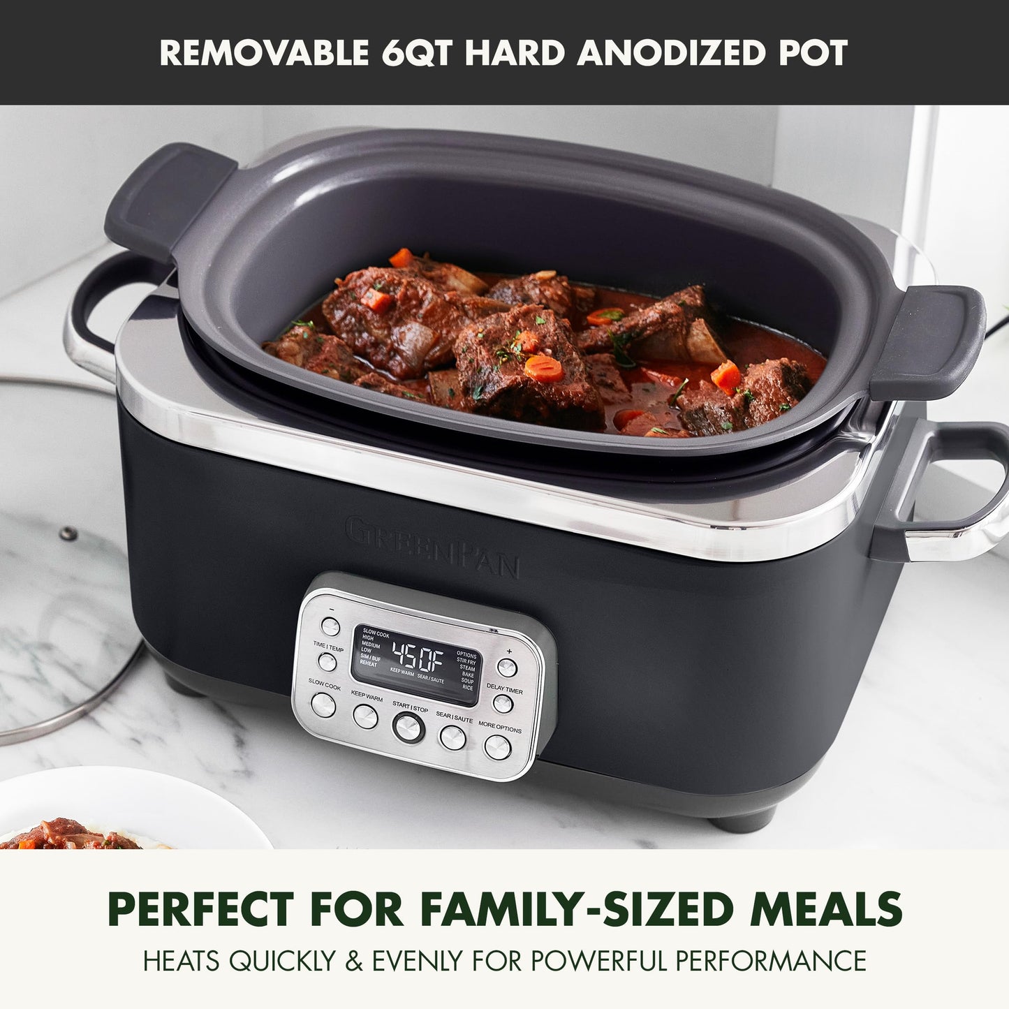Elite 14-in-1 Nonstick 6QT Electric Slow Cooker, PFAS-Free Ceramic Multi-Cooker, In-Pot Browning, Dishwasher Safe Lid & Removable Crock, Stainless Steel Steamer, Silicone Handles, Black (6 Quarts / Black)