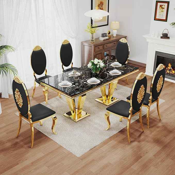 AF ARTISAN FURNITURE 7 Piece Luxury Dining Room Set, Modern Dining Table and Upholstered Chairs Set, Marble Kitchen Table Set for 6, Big Kitchen Dinner Tables Kit with Gold Base