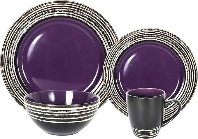 16 Piece Dinnerware Set, Ceramic Plates and Bowls Sets for 4, Microwave and Dishwasher Safe, Handcrafted Tree Bark Series Dish Set, Lavender/Purple