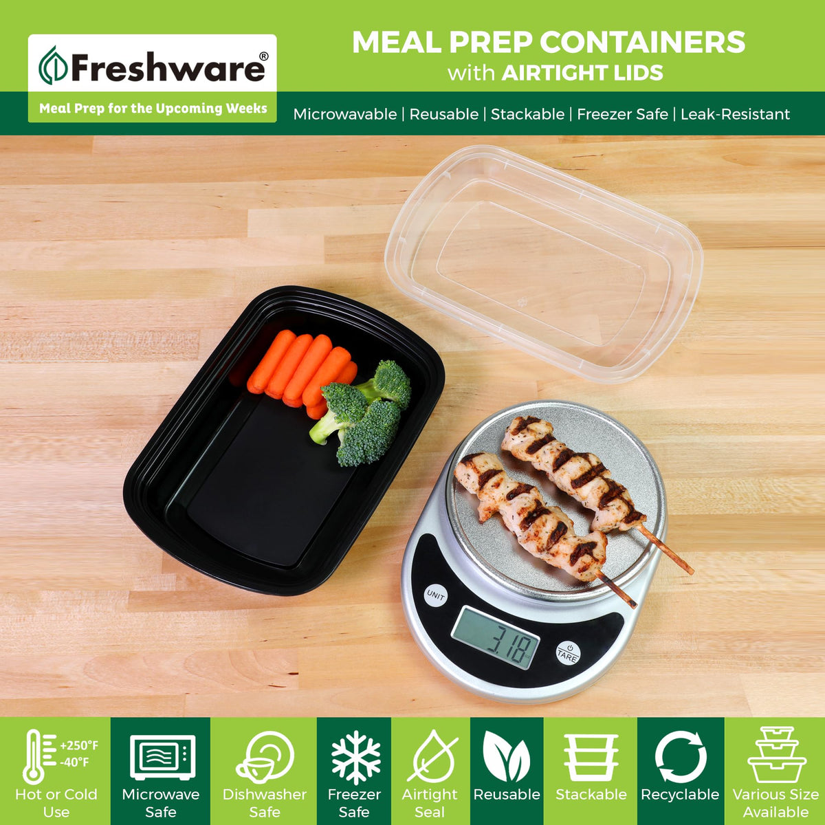 Meal Prep Containers [50 Pack] 1 Compartment with Lids (Black / 32OZ-50PK)