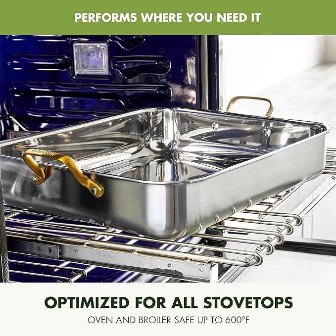 GreenPan Reserve 16" x 13" Tri-Ply Stainless Steel Roasting Pan with Roaster Rack, Multiclad Cookware, Induction Suitable, Gold Stainless Steel Handles, Dishwasher & Oven Safe, Silver